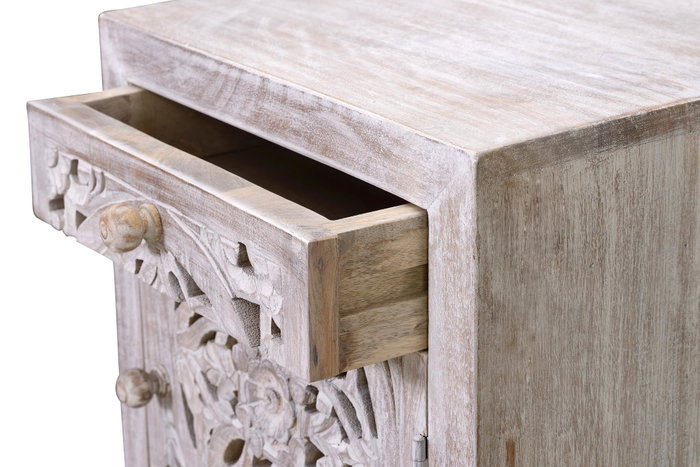 GINER Y COLOMER - Table de chevet ou table d'appoint avec 1 porte et 1 tiroir en bois de manguier massif et pieds métal, finition blanc vieilli et gris, 56 x 40 x 35 cm